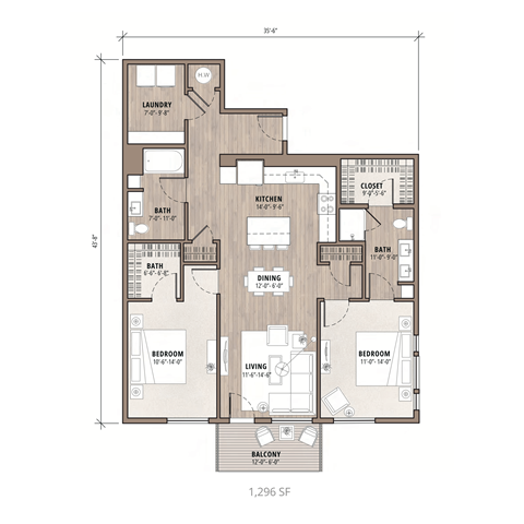 A floor plan of a 1,296 square foot home with two bedrooms, a living room, a kitchen, a dining room, a laundry room, and three bathrooms.